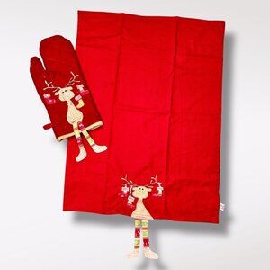 Christmas Kitchen Towel Oven Mitt Set Reindeer Holiday Decor
